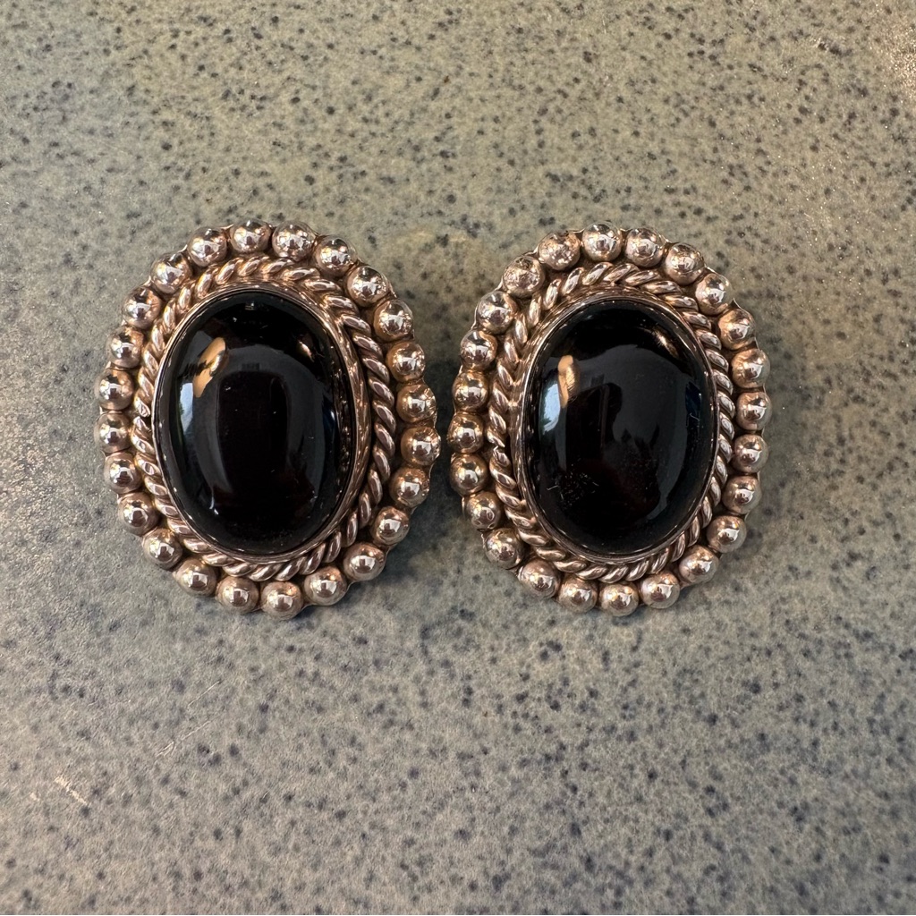 Taxco Sterling And Onyx Cabochon Clip-On Earrings